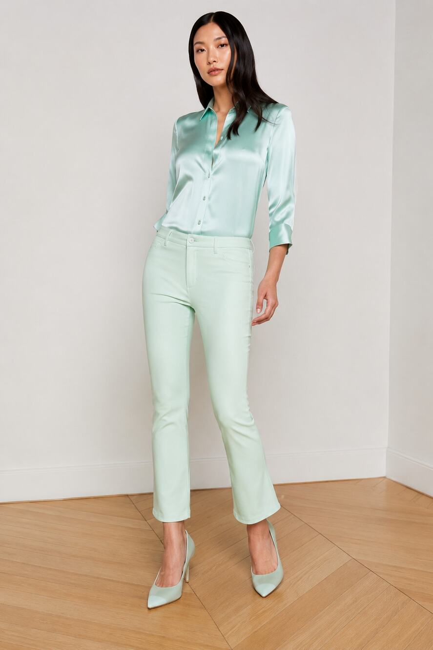 L'Agence Tati High Rise Crop Micro Bootcut Jean Pale Jade Coated 23 NWT Coastal